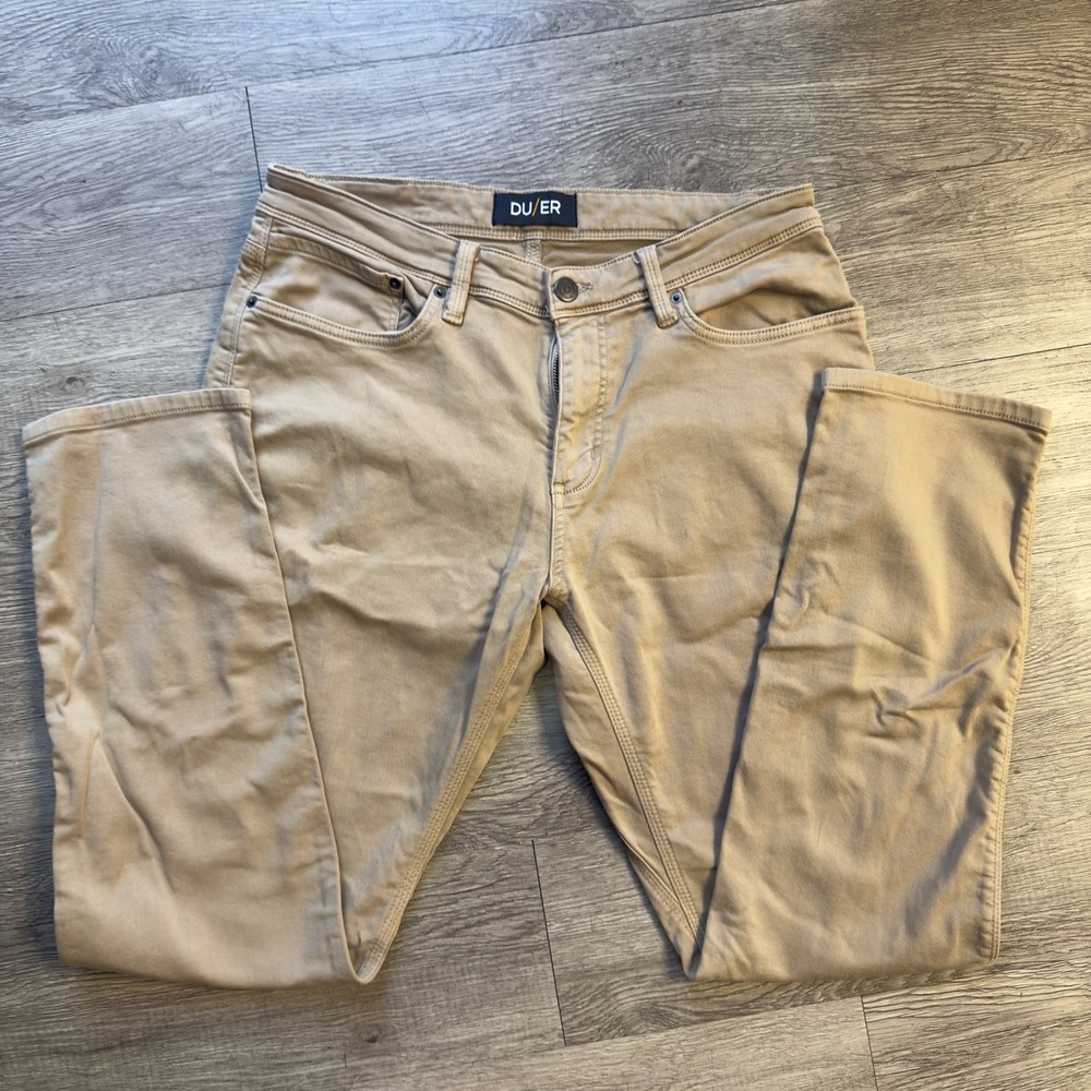 DU/ER No Sweat N2X Slim Fit Taper Pants Stretch 34x32 Men's Beige Chino DUER